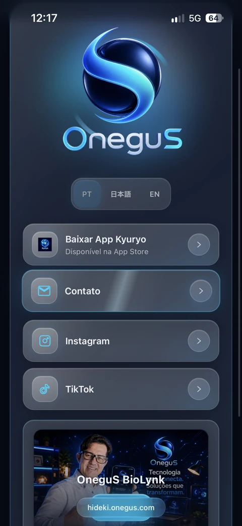 Real screenshot of OneguS Biolynk, with branding, languages, Kyuryo access, contact and social links.